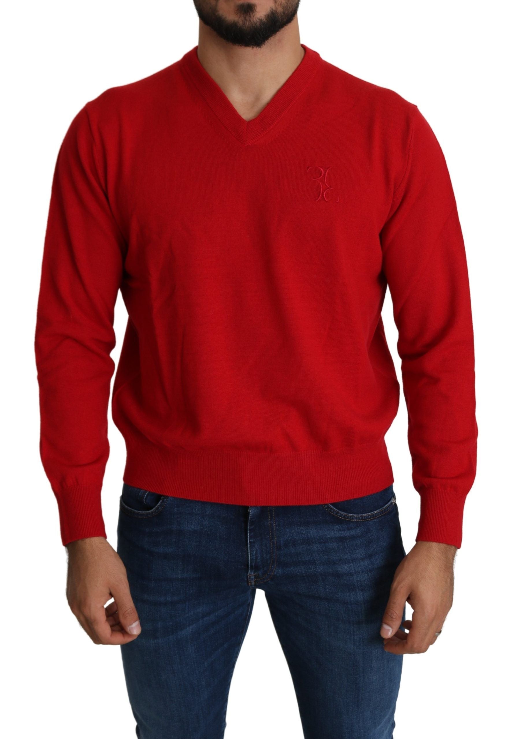 Milyarder İtalyan Modası Kırmızı Yün V Yaka Sweatshirt